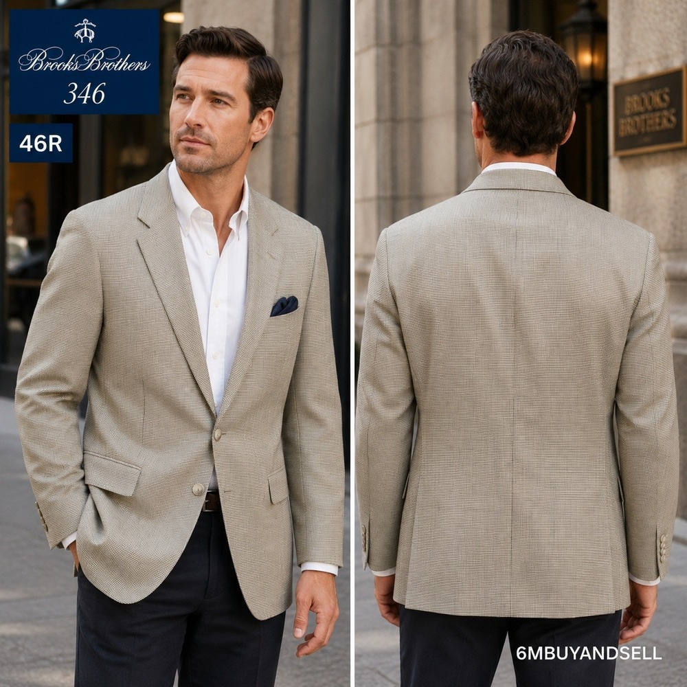 Brooks Brothers 346 Mens 46R Silk Wool Houndstooth Blazer Sport Coat Tan 0106102